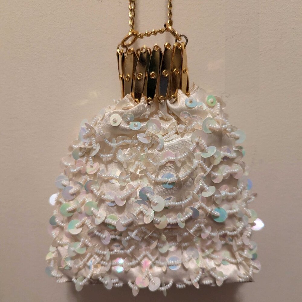 Fancy Vintage White Satin Sequins + Pearls Formal Purse Unique Closure